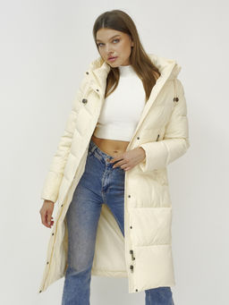 Пальто утепленное стеганное зимнее с капюшоном женское светло-бежевого цвета 9636_1SB - Mtforce фото 6