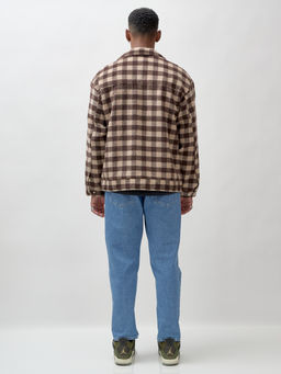 Куртка рубашка шерстяная в клетку мужская демисезонная коричневого цвета 58566K