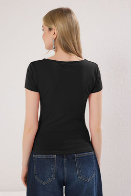 Siyah Kare Yaka Fitted/Vucuda Oturan Orme Bluz TWOSS25BZ00378