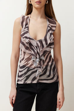 Gri Animal Desenli Boyundan Baglamal? Regular/Normal Kal?p F?rf?r Detayl? Orme Bluz TWOSS24BZ00498 - Trendyolmilla фото 4