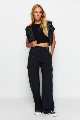 TRENDYOLMILLA Siyah Kargo Genis Paca Kontrast Dikis Detayl? Dokuma Pantolon TWOSS21PL0288  фото 4
