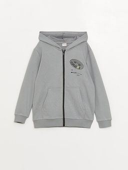 Kap??onlu Bask?l? Uzun Kollu Erkek ?ocuk Fermuarl? Sweatshirt