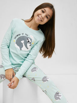 Хлопковый комплект (лонгслив и брюки) бирюзового цвета с ленивцами для девочек