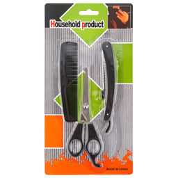 Набор "Домашняя парикмахерская" 3 предмета: ножницы с пластмассовыми ручками 13,9х5,2х0,4см; бритва филировочная 20,9х1,5х1см, пластмассовая ручка; расческа 12,5х2,7х0,3см, на картоне (Китай)