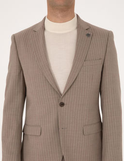 Bej Ex. Slim Fit Y_n Kar___ml_ _izgili Tak_m Elbise