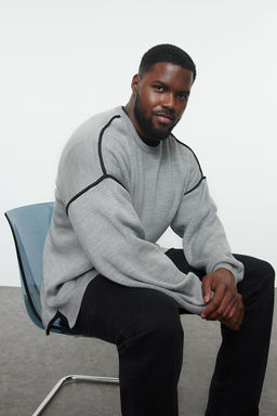 TRENDYOL MAN Siyah Buyuk Beden Oversize Fit Genis Kal?p Biye Detayl? Triko Kazak TMNAW24AN00000 - Trendyolmilla фото 2