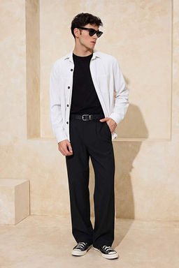 Siyah Straight Fit Boru Pa_a Gofre Mevsimlik Erkek Dokuma Kuma_ Pantolon TMNSS26PL00005