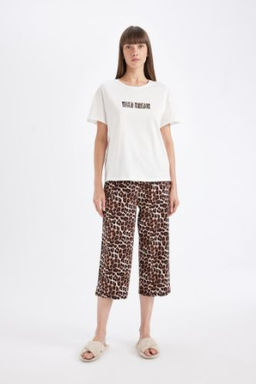 Fall in Love Pijama Tak?m? Regular Fit Leopar Desenli K?sa Kollu Ust Kapri Alt