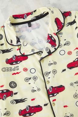 Sar? Erkek Cocuk Pamuklu Araba Bask?l? Orme Alt Ust Pijama Tak?m? TKDSS25PT00008