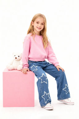 Mavi K?z Cocuk Genis Paca Y?ld?z Desenli %100 Pamuk Lastikli Denim Pantolon TKDAW25PL00001