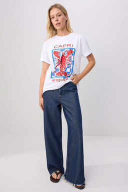 Beyaz %100 Pamuk Istakoz Bask_l_ Bisiklet Yaka Oversize _rme T-Shirt TWOSS26TS00351 - Trendyolmilla фото 2