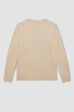 Женский плетеный трикотажный свитер обычного кроя с круглым вырезом и волосами - Defacto фото 4