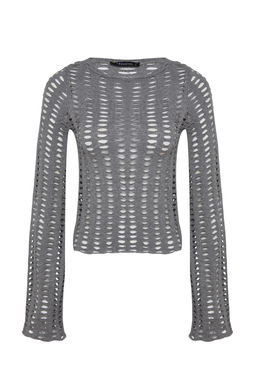 Trendyolmilla Gri Fileli Ispanyol Kol Slim Fit Crop Bisiklet Yaka Orme Bluz TWOAW24BZ00279 фото 7