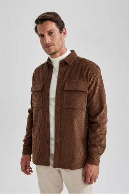 Вельветовая куртка-рубашка стандартного кроя с воротником-поло и длинными рукавами - Defacto фото 4