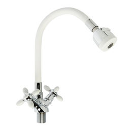 Смеситель для кухни ZEIN ZC2032, гибкий силиконовый излив,кран-букса латунь 1/2", белый/хром