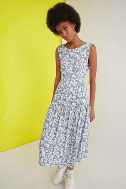 TRENDYOLMILLA Mavi Skater/Belden Ac?lan S?rt Detayl? Cicek Desenli Midi Dokuma Elbise TWOSS21EL0709  фото 17