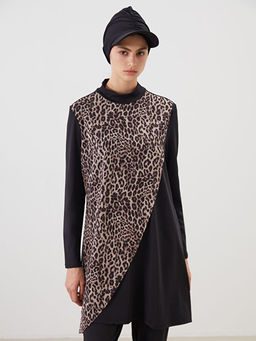 Dik Yaka Leopar Desenli Kad?n Tesett?r Mayo Tak?m?