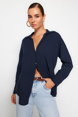 Lacivert Basic Oversize Genis Kal?p Dokuma Gomlek TWOAW24GO00207