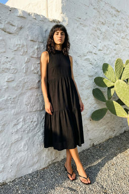 Siyah Shift/Duz Kesim Dik Yaka Midi Dokuma Elbise TWOSS20EL1864