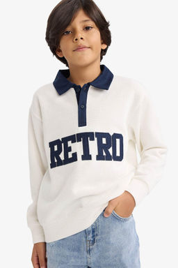 Oversize Geni_ Kal_p Polo Yaka Bask_l_ Selanik Kuma_ Sweatshirt Erkek _ocuk - Defacto фото 3