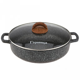 Жаровня с антипригарным покрытием 3,5л, д28см "Гармония", h7см, литые ручки, стеклянная крышка с пароотводом, пластмассовая ручка с покрытием "soft-touch" под дерево, "Мрамор", подарочная упаковка (Россия)