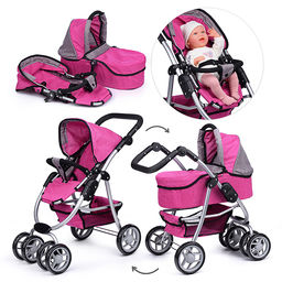 Коляска-трансформер для кукол, металлическая, регулируемая ручка, с корзиной, цвет зеленый, в пакете