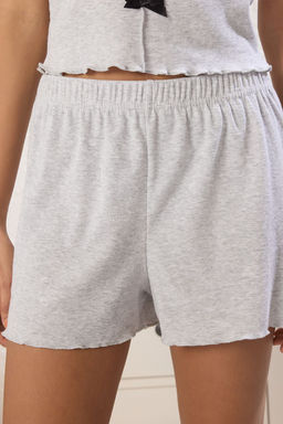 Trendyolmilla Gri Melanj Kurdele/Fiyonklu Fitilli Sortlu Orme Pijama Tak?m? THMSS25PT00435