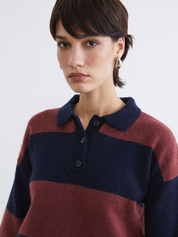 Polo Yaka ?izgili Kad?n Triko Kazak