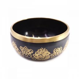Чаша поющая с золотыми символами Лев 5 металлов от 600гр до 800гр h-7см d-12см черные и коричневые