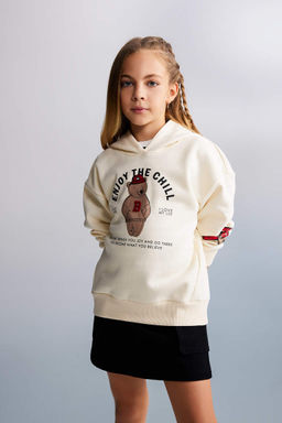 Толстая толстая толстовка на мягкой подкладке с капюшоном и принтом для девочек - Defacto фото 5