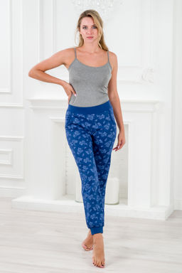Брюки женские из кулирки на манжете Цветы на синем