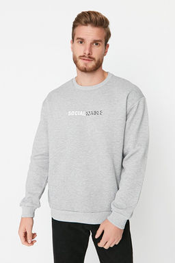 Gri Oversize/Geni_ Kesim Slogan Bask_l_ __i Polarl_/S_cak Tutan Sweatshirt TMNAW23SW00478