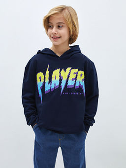 Bask?l? Uzun Kollu Erkek ?ocuk Hoodie