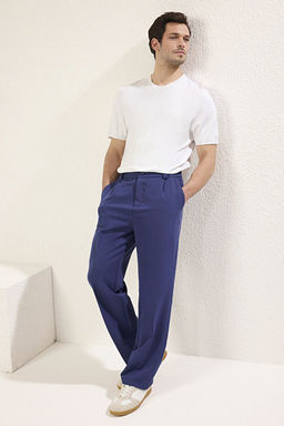 Lacivert Wideleg Baggy Rahat Kal_p Dokuma Kuma_ Pantolon TMNSS25PL00007