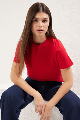 TRENDYOLMILLA Ekru %100 Pamuk Premium Basic Bisiklet Yaka Orme T-Shirt TWOSS23TS00042  фото 20