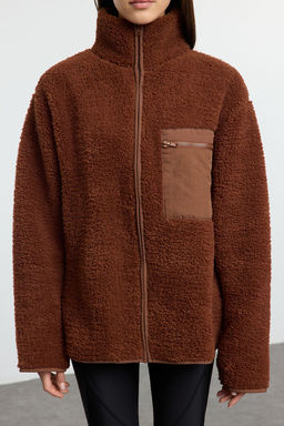 Winter Essentials Kahverengi Kal?n Polar Fermuarl? Dik Yaka Cepli Orme Sweatshirt TWOAW24SW00071