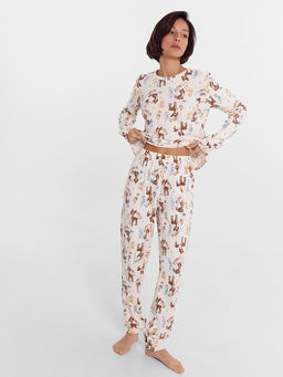 Комплект женский (джемпер, брюки) молочный с оленятами