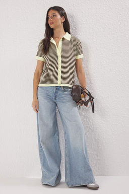 Trendyolmilla Lacivert Polo Yaka Cizgili Triko Bluz TWOSS25BZ00183  фото 2