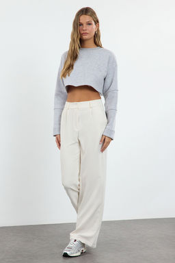 Ekru Yuksek Bel Wide Leg/Genis Paca Pilili Dokuma Kumas Pantolon TWOAW21PL0076