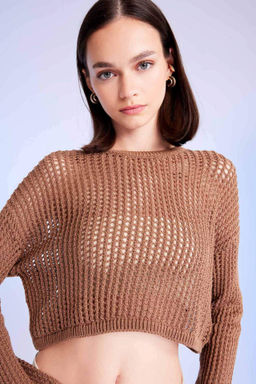 Regular Fit Bisiklet Yaka Krose Ajurlu Delikli Crop Triko Kazak - Defacto фото 4