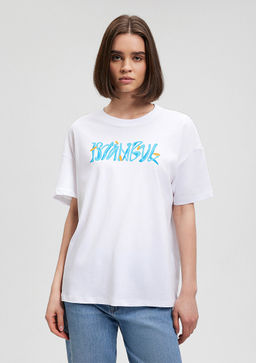 Istanbul Bask?l? Beyaz Tisort - Mavi фото 3