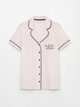 G?mlek Yaka ?izgili Kad?n ?ortlu Pijama Tak?m?