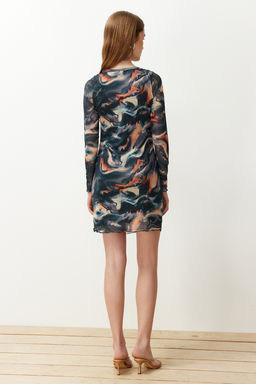 Cok Renkli Tul Buzgu/Drape Detayl? Vucuda Oturan Mini Esnek Orme Kalem Elbise TWOAW24EL00161 - Trendyolmilla фото 6