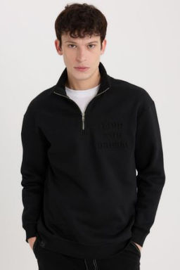 Comfort Regular Fit Rahat Kal?p Dik Yaka Fermuarl? Bask?l? Sweatshirt