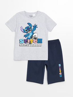 Bisiklet Yaka Stitch Bask?l? K?sa Kollu Erkek ?ocuk ?ortlu Pijama Tak?m?