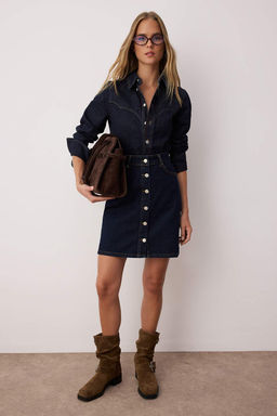 Koyu Mavi Onden Dugmeli Mini Denim Etek TWOAW26ET00022 - Trendyolmilla фото 2