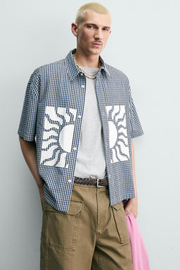 CAMISA BOXY FIT CUADROS PARCHES CONTRASTE / Azul / Blanco - Zara фото 5