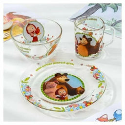 Набор Маша и Медведь. Добрый день 3 пр.: круж 250 мл, сал. 13 см, тар. 19,5 см в под.уп. ММН3-1 /МФК/  фото 2