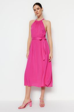 TRENDYOLMILLA Ac?k Kahverengi Kusakl? Duz Beli lastikli Kusakl? Midi Dokuma Elbise TWOSS19EL0155  фото 27