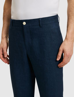 Lacivert Slim Fit Beli Lastikli %100 Keten Pantolon